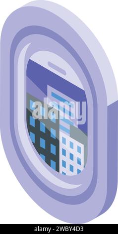 Aereo sopra il vettore isometrico icona città. Finestrino interno della cabina. Jet Sea frame Illustrazione Vettoriale