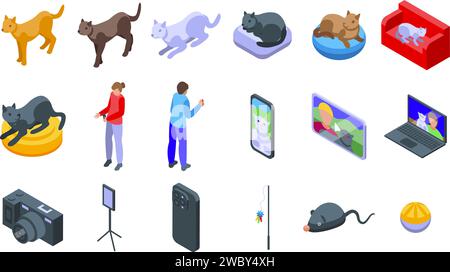 Le icone del gatto blogger impostano il vettore isometrico. Registrazione con videocamera Vet. Animale video Illustrazione Vettoriale