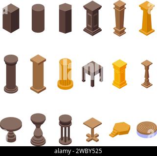 Le icone del piedistallo in legno impostano il vettore isometrico. Prodotto della fase. Visualizza podio Illustrazione Vettoriale