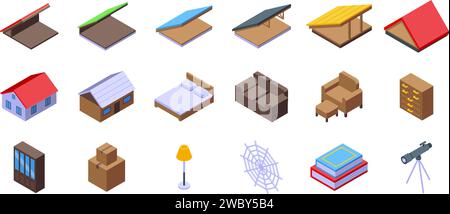 Le icone di Garret impostano il vettore isometrico. Attico. Mansarda della camera Illustrazione Vettoriale
