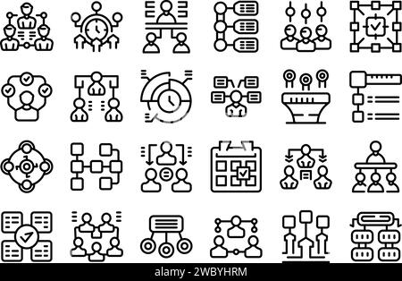 Le icone delle attività dei partecipanti impostano il vettore di contorno. Lavoro con i dati del team. Ufficio personale Illustrazione Vettoriale