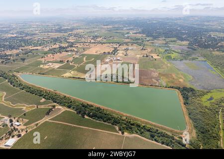 Vista aerea delle file verdi di piante nei campi agricoli, nei vigneti e nelle città agricole della California settentrionale Foto Stock