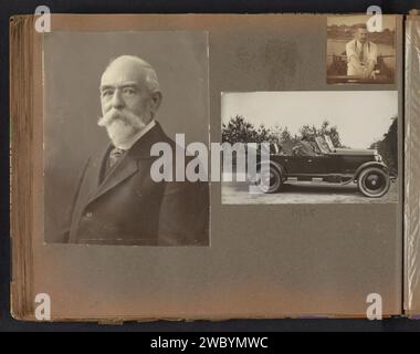 Ritratti e auto, Anonymous, c. 1900 - c. 1925 Fotografia album rivista con un ritratto di un uomo sconosciuto, così come una registrazione di un uomo su una barca a remi. Anche una foto di un'azienda in macchina. Parte dell'album fotografico di una famiglia olandese sconosciuta con legami in Suriname e nelle Indie orientali olandesi (2). Cartone Paesi Bassi. supporto fotografico stampa in argento gelatina uomo adulto. vecchio. donna adulta. canottaggio, canoa, ecc. Automobile Paesi Bassi Foto Stock