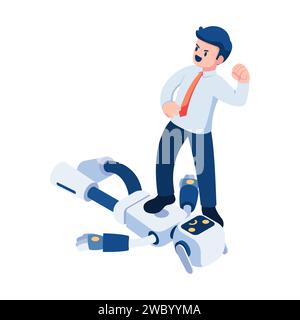 Flat 3d Isometric Businessman Step on ai robot. Intelligenza artificiale AI e Concept sulla concorrenza aziendale. Illustrazione Vettoriale