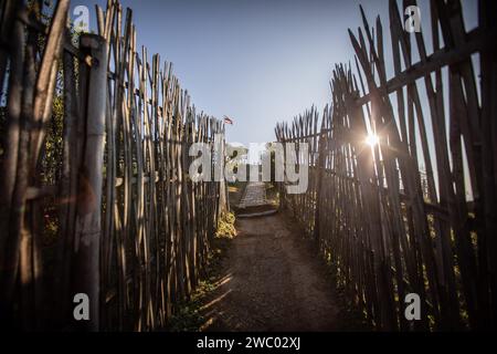 Chiang Rai, Thailandia. 9 gennaio 2024. Stretto sentiero circondato da alte recinzioni di bambù per entrare nell'avamposto militare di Chang Moob. L'avamposto militare di Chang Moob ora trasformato in un luogo di attrazione turistica, era un luogo dell'esercito reale tailandese per prevenire il traffico di droga e tenere d'occhio altre attività sospette sul lato del Myanmar (soprattutto negli anni '1990). Chiamata anche "trincee di Doi Tung", inizia con uno stretto sentiero attraverso alte recinzioni di bambù prima di raggiungere il punto principale con profonde trincee lungo le sezioni più settentrionali del confine tra Thailandia e Myanmar, con una vista mozzafiato del Myanmar Foto Stock