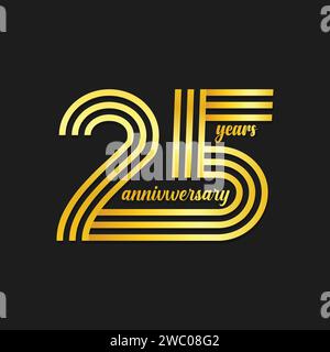 logo tipografico a colori dorati per 25 anni per festeggiare il 25° compleanno. Logo del giubileo per l'anniversario dell'anno. Modello di biglietto d'auguri, banner, poster Illustrazione Vettoriale