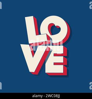 Testo 3D Love in stile retrò tipografia illustrazione vettoriale. Illustrazione vettoriale tipografica alla moda per festeggiare felice San Valentino. Frase breve Illustrazione Vettoriale