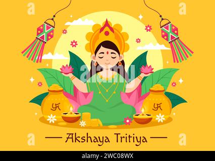 Illustrazione vettoriale del Festival di Akshaya Tritiya con Kalash dorato, candela, vaso e monete d'oro per la celebrazione dei Dhanteras nella tradizionale vacanza indù Illustrazione Vettoriale
