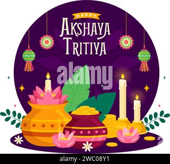 Illustrazione vettoriale del Festival di Akshaya Tritiya con Kalash dorato, candela, vaso e monete d'oro per la celebrazione dei Dhanteras nella tradizionale vacanza indù Illustrazione Vettoriale