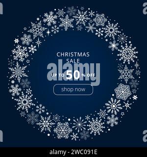 Cornice circolare con fiocchi di neve bianchi su sfondo blu scuro. Banner di vendita vettoriale. Illustrazione Vettoriale