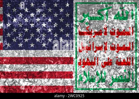 Flag US vs Houthi movimento Traduci Dio è la più grande morte per l'America morte per Israele Una maledizione sugli ebrei Vittoria all'Islam Foto Stock