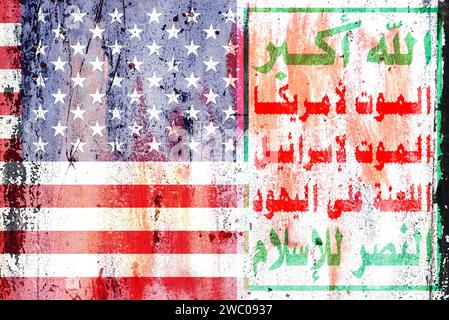 Flag US vs Houthi movimento Traduci Dio è la più grande morte per l'America morte per Israele Una maledizione sugli ebrei Vittoria all'Islam Foto Stock