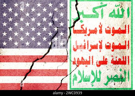 Flag US vs Houthi movimento Traduci Dio è la più grande morte per l'America morte per Israele Una maledizione sugli ebrei Vittoria all'Islam Foto Stock