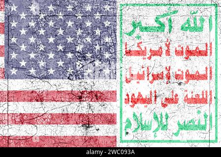 Flag US vs Houthi movimento Traduci Dio è la più grande morte per l'America morte per Israele Una maledizione sugli ebrei Vittoria all'Islam Foto Stock