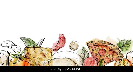 Illustrazione dell'inchiostro ad acquerello disegnato a mano. Pizza a fette e ingredienti per condimenti, cucina italiana. Bordo senza cuciture isolato su bianco. Progettazione per Foto Stock