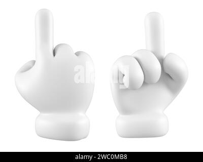 Emoji bianco mano carina che mostra o indica il gesto isolato. Set di diverse icone, simboli, segnali e segni dei gesti di tocco. rendering 3d. Foto Stock