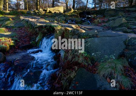 Nella Padley Gorge, nel Derbyshire, il Burbage Brook scende a cascata, sopra rocce di pietra gritstone e sotto un piccolo ponte di pietra. Foto Stock