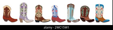 Set di diversi stivali da cowgirl vettore isolato. Illustrazione Vettoriale