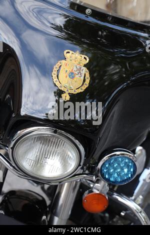 Harley Davidson polizia scorta moto per il re di Spagna. Scintillante, fronte immacolato della moto di scorta reale. Esposto a Salamanca. Foto Stock