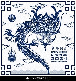 Buon anno cinese nuovo 2024 segno zodiacale, anno del drago, con carta blu taglio arte e stile artigianale su sfondo bianco (traduzione cinese : Illustrazione Vettoriale