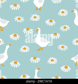 Fantasia di oche senza cuciture. Stampa di fiori e oca dei cartoni animati. Illustrazione vettoriale Illustrazione Vettoriale