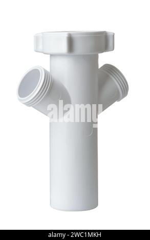 Splitter per tubi dell'acqua in plastica bianca isolato su bianco Foto Stock