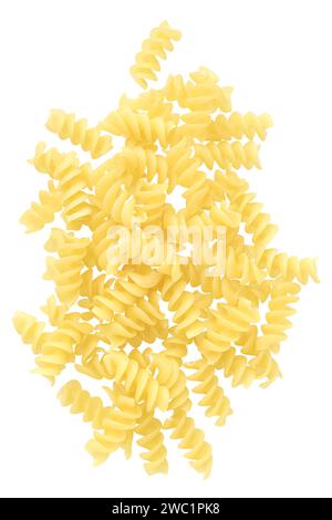 Pila di pasta tradizionale italiana a spirale, fusillone o fusilli, primo piano, isolata su sfondo bianco Foto Stock