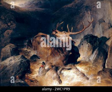 Sir Edwin Henry Landseer, Deer and Deer Hounds in a Mountain Torrent, dipinto ad olio su tela montato su legno, 1832 Foto Stock