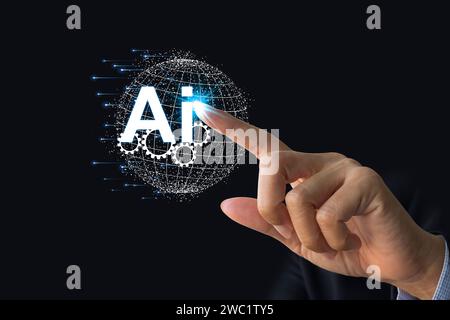 INTELLIGENZA ARTIFICIALE, apprendimento automatico, mani del globo e contatto umano sullo sfondo della connessione alla rete di big data, scienza e tecnologia di intelligenza artificiale, inn Foto Stock