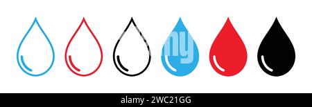 Set di icone semplici per acqua, sangue e gocce d'olio. Icone blu, rosse e nere delineate e riempite isolate su sfondo bianco - illustrazione vettoriale Illustrazione Vettoriale