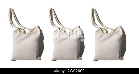 Mockup tote bag in cotone beige, shopper tessile, mock-up totebag eco per design, isolato su bianco Foto Stock