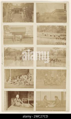 Ritratto di gruppo di quattro persone giapponesi sconosciute, due con un Shamisen, Anonymous, 1884 Photograph Japan paper. gli albumi di cartone stampano persone storiche anonime ritratte in un gruppo, in un ritratto di gruppo. Strumenti a corda (pizzicati) Giappone Foto Stock