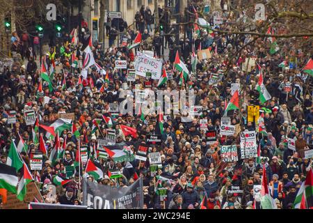Londra, Regno Unito. 13 gennaio 2024. Manifestanti su Victoria Embankment. Migliaia di persone hanno marciato in solidarietà con la Palestina nel centro di Londra, chiedendo un cessate il fuoco mentre la guerra Israele-Hamas continua. Credito: Vuk Valcic/Alamy Live News Foto Stock