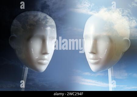 Pensiero ed emozione negativi contro positivi, concetto di psicologia mostrato con due teste di manichino di colore neutro e corrispondente cielo scuro e chiaro, Foto Stock