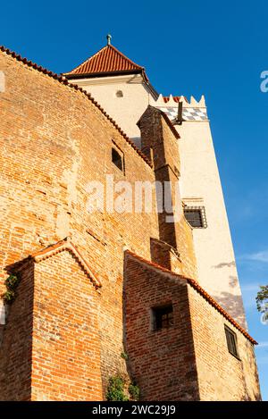 Resta con la torre Wittelsbach del castello medievale di Trausnitz sopra Landshut al sole serale, Baviera, Germania Foto Stock