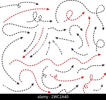 Frecce grandi e segni di direzione. Linea sottile tratteggiata con freccia. Linee tratteggiate con frecce, Illustrazione Vettoriale