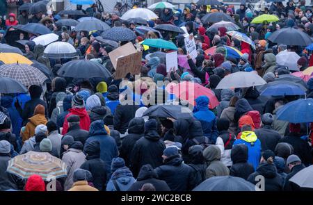 Greifswald, Germania. 13 gennaio 2024. Secondo la polizia, 1.200 persone hanno manifestato contro il razzismo nella piazza del mercato di Greifswald di fronte al municipio alla luce dei recenti attacchi nella città. Con il motto "Mostra la tua faccia - contro il razzismo”, i residenti di Greifswald hanno parlato in una manifestazione di sabato pomeriggio delle loro esperienze nella vita quotidiana, del loro lavoro, dei loro studi e del loro impegno sociale. Crediti: Stefan Sauer/dpa/Alamy Live News Foto Stock