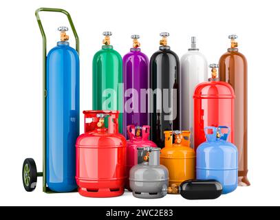 Set di diverse bombole di gas liquefatto industriali con carrello a mano. Servizio di consegna, concetto. Rendering 3D isolato su sfondo bianco Foto Stock