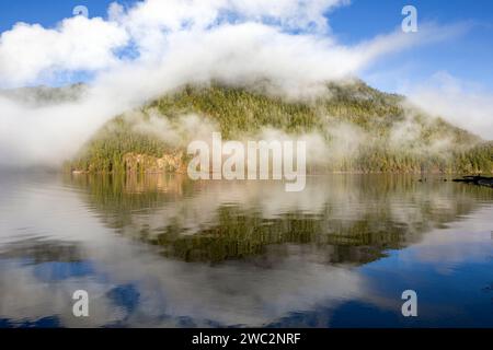 WA24659-00....WASHINGTON - nebbia calma che si solleva sul lago Crescent vicino al Lake Crescent Lodge. Foto Stock