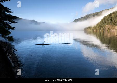 WA24660-00....WASHINGTON - nebbia calma che si solleva sul lago Crescent vicino al Lake Crescent Lodge. Foto Stock