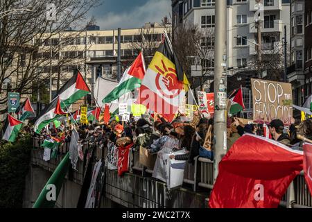 Seattle, WA - 6 gennaio 2024 - i manifestanti chiudono la superstrada i-5 con un raduno della Palestina libera Foto Stock