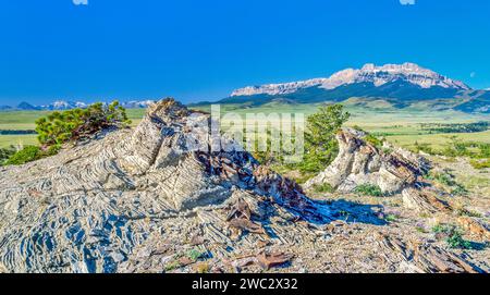 panorama di affioramenti rocciosi sulla prateria vicino alla cresta dei denti di sega lungo il fronte roccioso della montagna vicino a choteau, montana Foto Stock