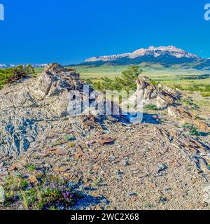 Affioramenti di roccia nella prateria vicino a dente di sega di crinale lungo il Rocky Mountain Front vicino choteau, montana Foto Stock