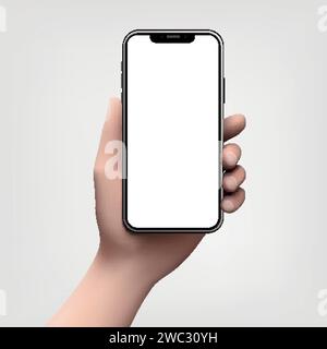 Smartphone portatile 3d Cartoon che tiene in mano il cellulare. Mockup moderno. Illustrazione Vettoriale