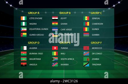 Africa Cup 2023 gruppi. Modello grafico per la trasmissione di tornei di calcio. Tutte le bandiere Illustrazione Vettoriale