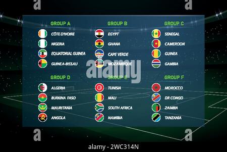 Africa Cup 2023 gruppi. Modello grafico per la trasmissione di tornei di calcio. Tutte le bandiere Illustrazione Vettoriale