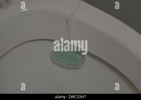 Deodorante per ambienti con bagno profumato di foresta verde e natura installato sulla ciotola bianca del WC e coperchio bianco in un ampio bagno. Foto Stock