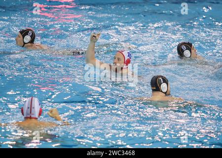 Dubrovnik, Croazia. 13 gennaio 2024. DUBROVNIK, CROAZIA - 13 GENNAIO: Giorgi Magrakvelidze della Georgia festeggia dopo aver segnato punti durante il 9°-12° incontro di classificazione del Campionato europeo di pallanuoto maschile 2024 tra Georgia e Germania al Gruz Pool il 13 gennaio 2024 a Dubrovnik, Croazia. Foto: Grgo Jelavic/PIXSELL credito: Pixsell/Alamy Live News Foto Stock