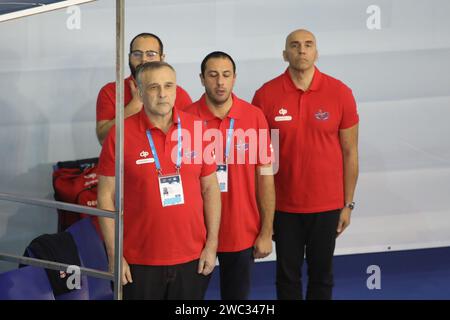 Dubrovnik, Croazia. 13 gennaio 2024. DUBROVNIK, CROAZIA - 13 GENNAIO: Georgia Head Coach Dejan Stanojevic durante la gara di classificazione del Campionato europeo di pallanuoto maschile 2024 tra Georgia e Germania presso il Gruz Pool il 13 gennaio 2024 a Dubrovnik, Croazia. Foto: Grgo Jelavic/PIXSELL credito: Pixsell/Alamy Live News Foto Stock