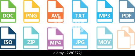 Set di icone per tipo di file, formato di file e documento in stile piatto, formato ed estensione dei documenti Illustrazione Vettoriale